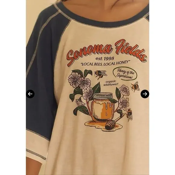 Anthropologie Sonoma County Graphic Raglan Sleep Tee Blue Cream XSP NEW